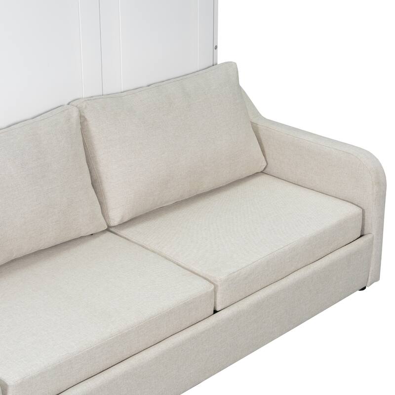 Roomfitters Murphy Cabinet Bed with Foldable Sofa, Built-in Storage Shelves and LED Lighting, Space-Saving Wall Bed, Beige