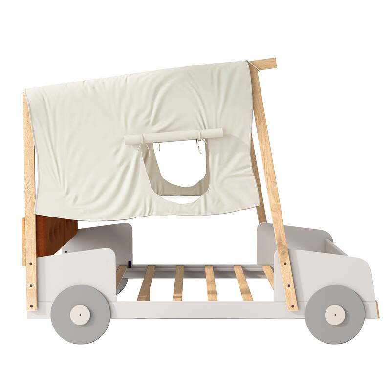 Wood Twin/Full Size Car Bed with Pillow, Ceiling Cloth