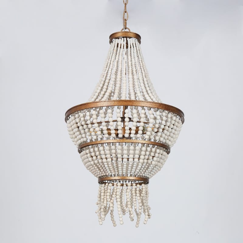 Renia Empire Glam 4-tier Beads Coastal Chandelier 3-light Gold/ Beige Dining Room Lights Stairwell Living Room