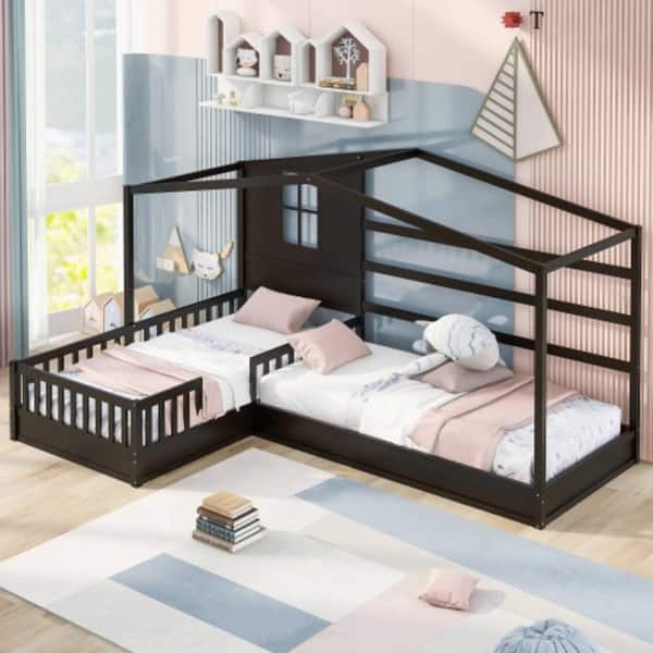 slide 2 of 10, L Structure 2 Twin Size Wood House Bed with Fence and Slatted Frame