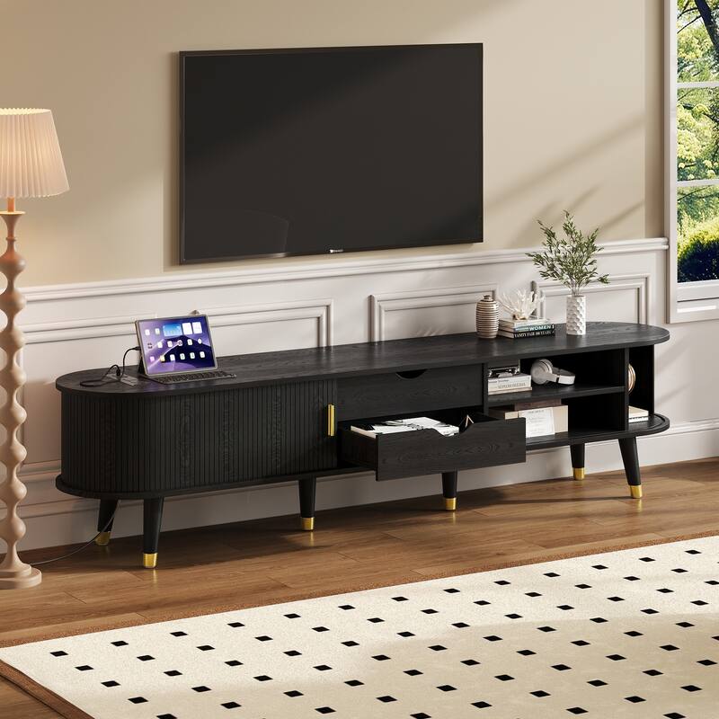 Wooden Oval Fluted TV Stand with Charging Station for TV up to 80", Mid-Century Media Console with Sliding Tambour Door