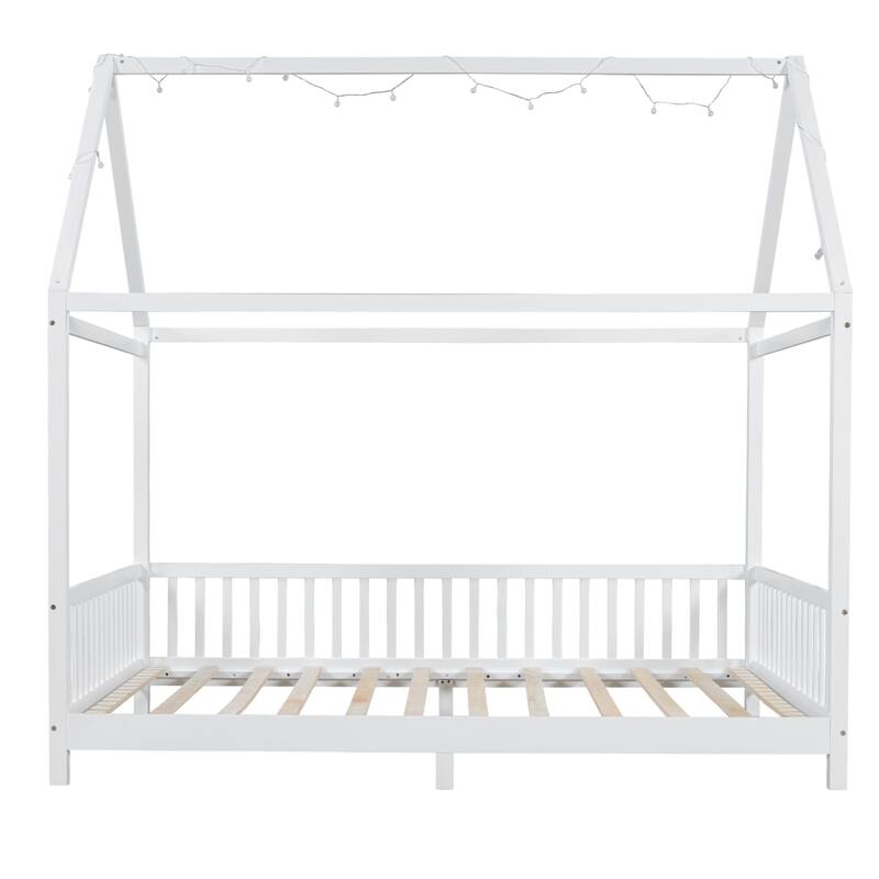 Twin/Full Size Wood House Bed with Guardrail, Cute Kids Platform Bed Frame with LED Lights