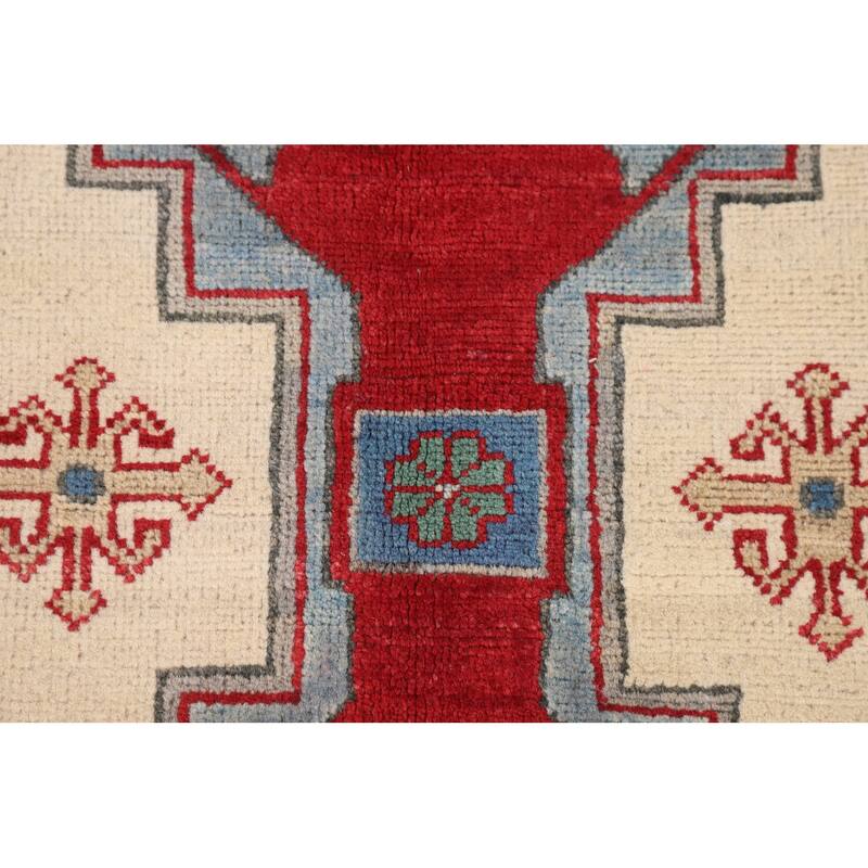 Ivory Geometric Kazak Accent Rug Hand-Knotted Wool Carpet - 3'5" x 5'0"