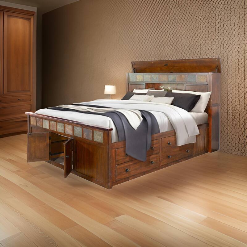 Odell Queen Size Bed w Storage Footboard, Bookcase Headboard, Brown