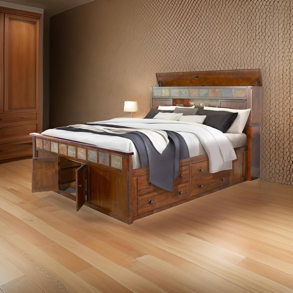 Odell Queen Size Bed w Storage Footboard, Bookcase Headboard, Brown