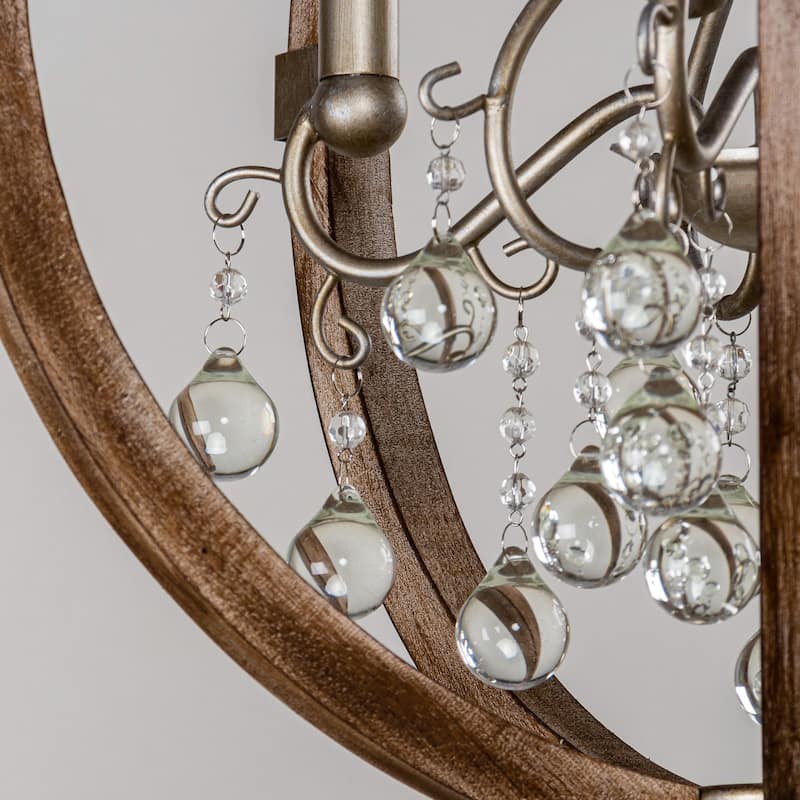 21" Weathered Wooden 4-Light Crystal Orb Foyer Chandelier Light
