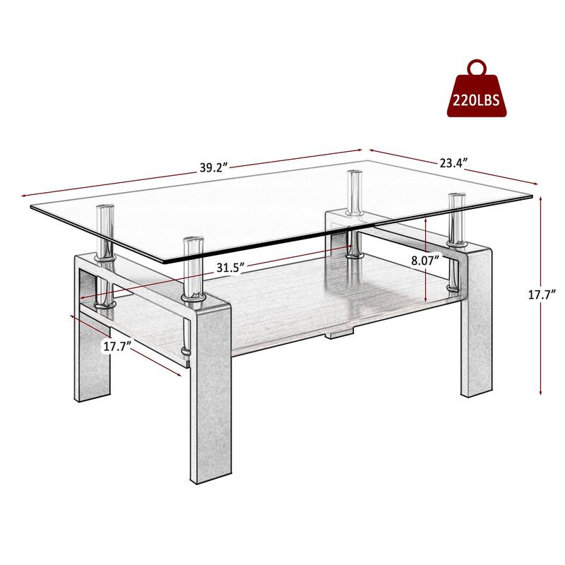 39x24'' Rectangle Coffee Table with Tempered Glass Tabletop for Living Room