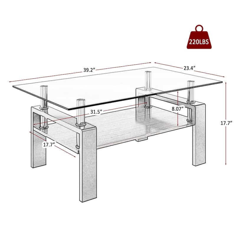 Modern Coffee Table Rectangular Coffee Table Stylish Coffee Table with Tempered Glass Top, for Living Room