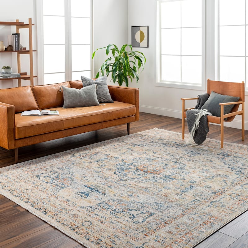 Ayana Traditional Area Rug - 6' 7" x 6' 7" Round - Ivory/Blue