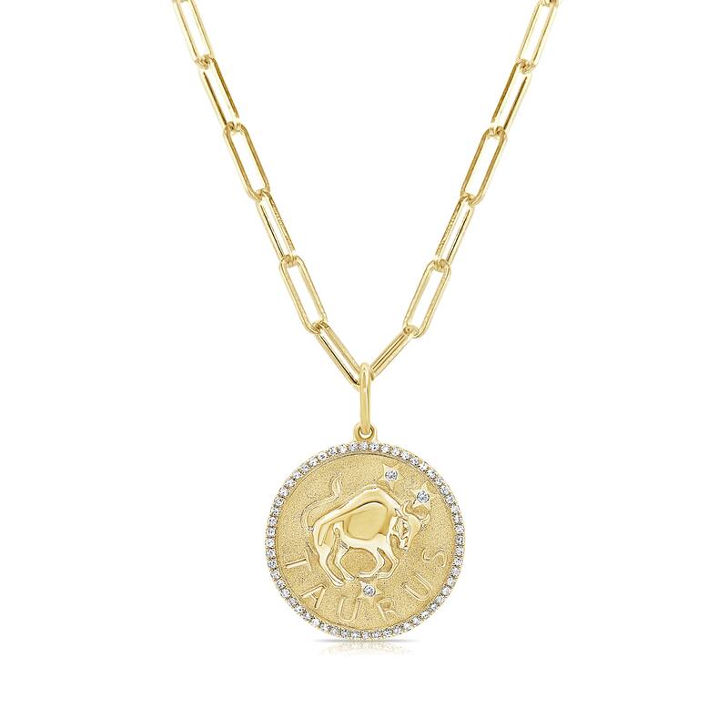 Zodiac Diamond Sign Necklace 14k Gold - Coin Pendant - Yellow Gold Diamond Necklace for Her - Women's Neckace