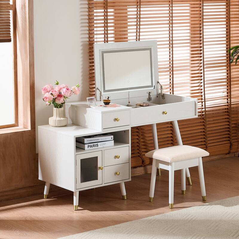 3-in-1 Vanity Desk with Lighted Flip-Top Mirror & Retractable Side Cabinet, Vanity Set with Stool & Storage Drawers