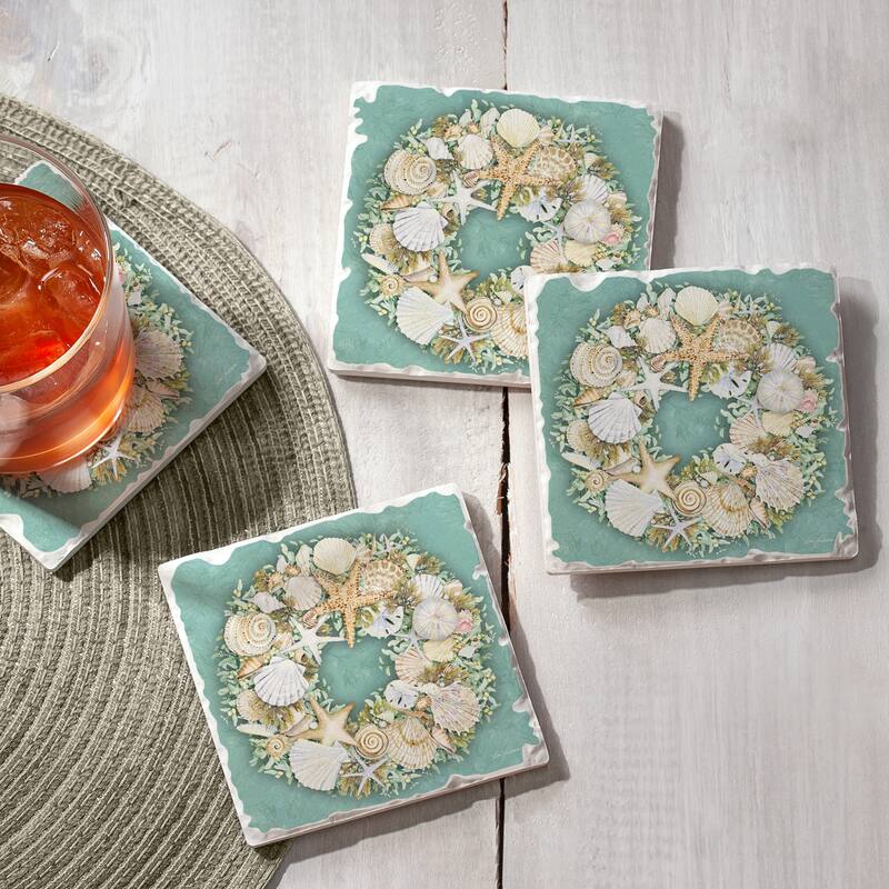 Counterart Absorbent Stone Coasters - Coastal Wreath - Set of 4 - 4x4x1.154