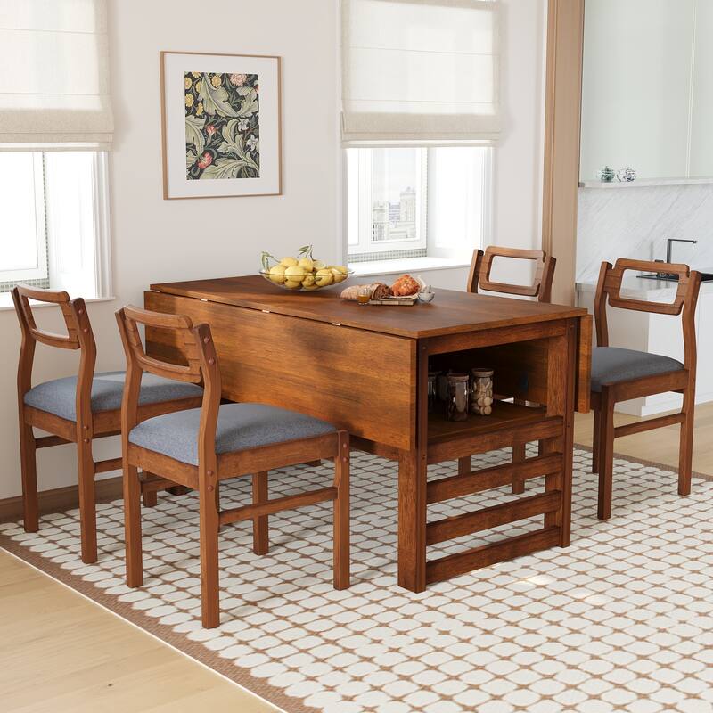 Extendable Wood Dining Table and Chairs Set Mid-Century Modern Dining Table and Chairs Set with 2 Drop Leaves and Storage Shelf - Brown