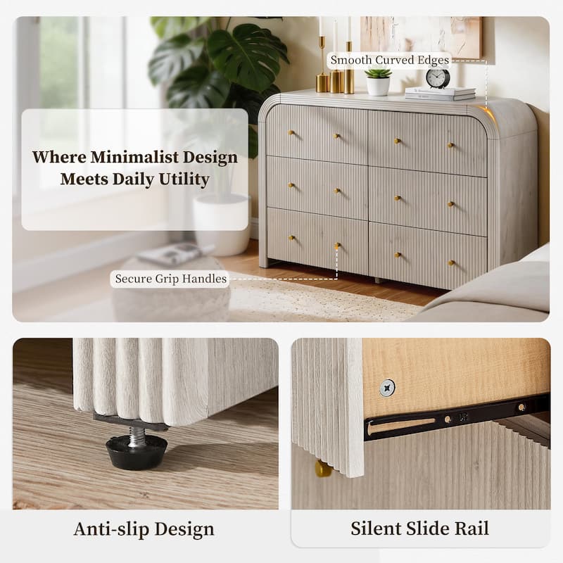 Modern Fluted 6 Drawers Dresser, Wood Chest of Drawers for Bedroom