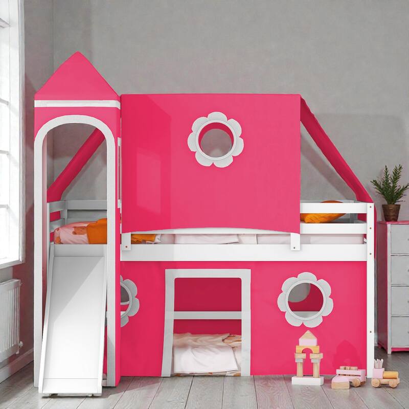 Kids Loft Bed with Slide, Tent and Tower, Solid Wood Castle Playhouse Loft