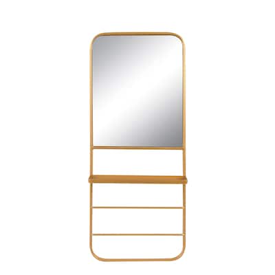 Metal Wall Mirror With Shelf, Gold Finish