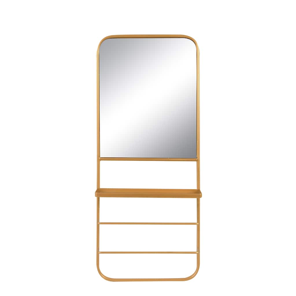 Metal Wall Mirror With Shelf, Gold Finish