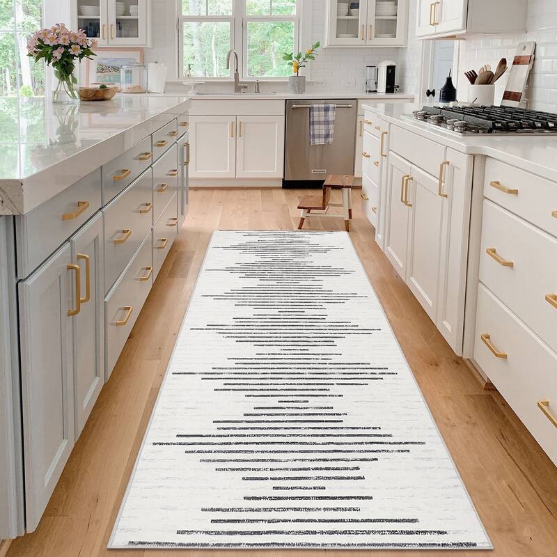 Washable Rugs for Living Room Modern Geometric Striped Area Rug Soft Non-Slip Low Pile Accent Rug