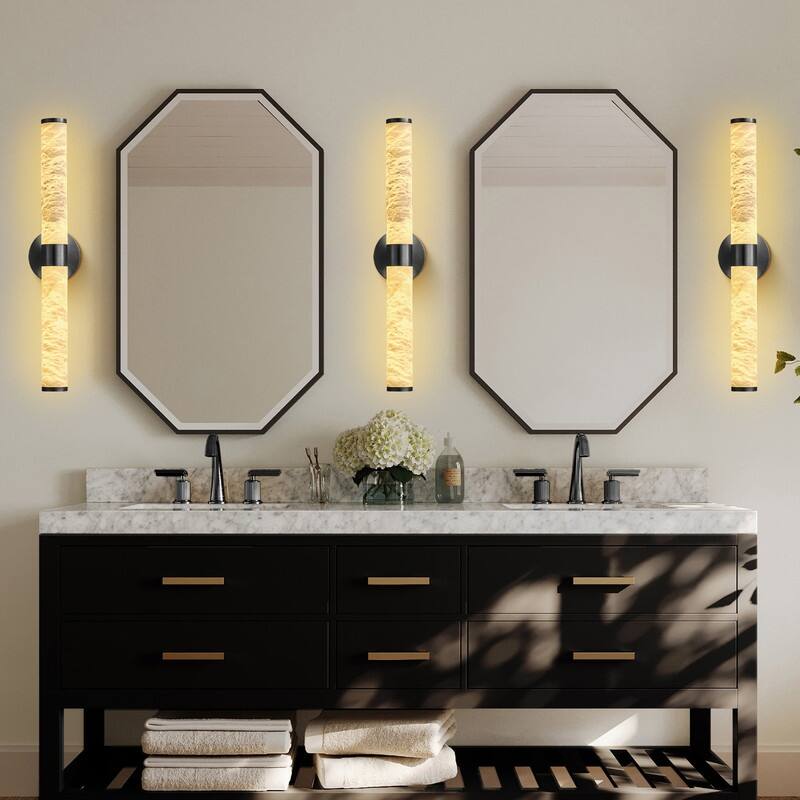 KAYLA 24 in. Modern Black Wall Sconces with Natural Alabaster Shade