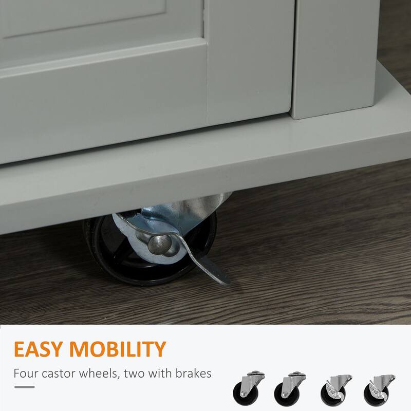 Kitchen Island on Wheels, Rolling cart with Rubberwood Top, Spice Rack, Towel Rack and Drawers for Dining Room, White