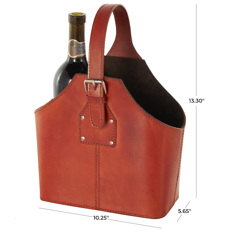 Leather Handmade 2 Bottle Wine Holder with Carrying Handle - Brown - Roche River Decor