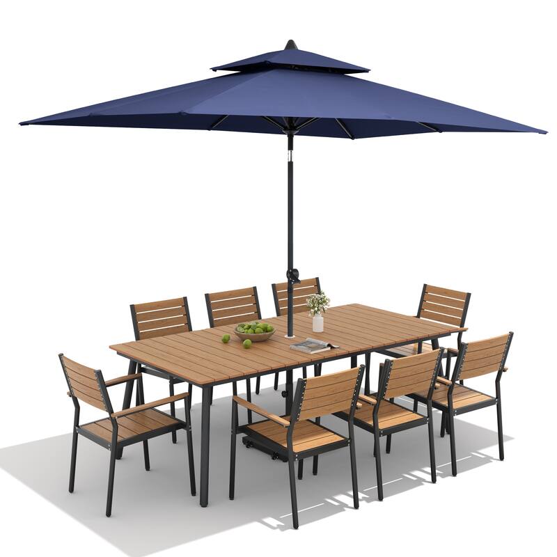 11-Piece Outdoor Dining Set 8 Stackable Chairs and Aluminum Table w/ 10 ft Umbrella and Base Stand