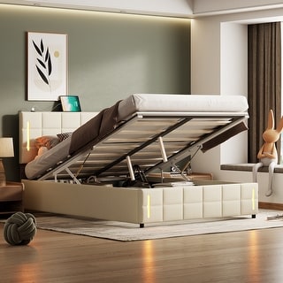 Lift Up Storage Bed Full/Queen Size Upholstered with LED Lights and USB ...