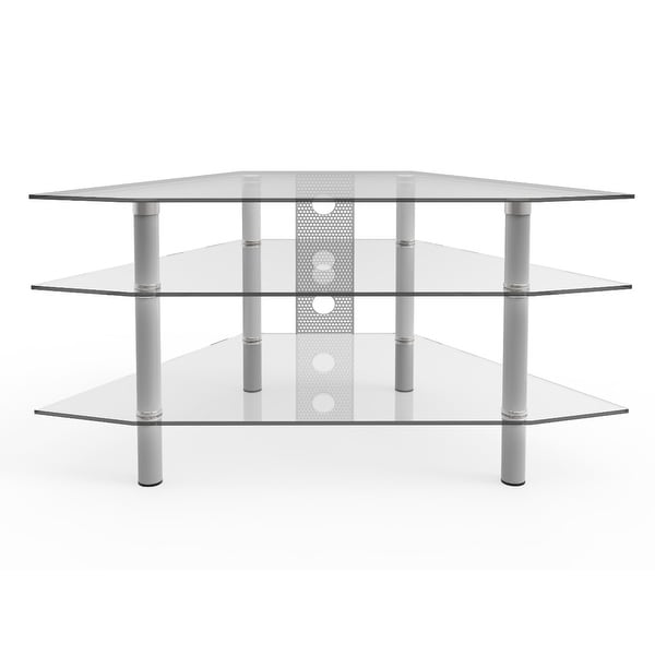 Ryan Rove Ruby 44" Corner Glass TV Stand - Silver and Clear Glass - 44"W x 24"D x 22"H. Opens flyout.