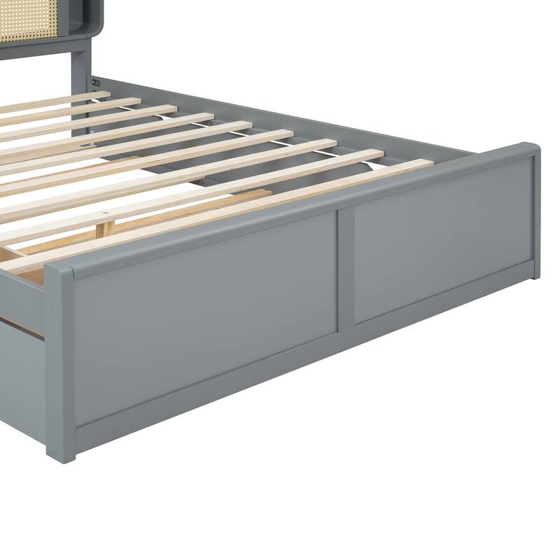 Queen Platform Bed with Rattan Headboard, 2 Storage Drawers and Pull-Out Trundle, with Built-In Compartments