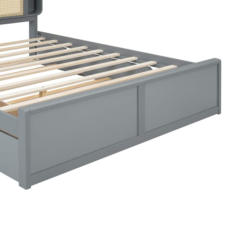 Rattan Queen Platform Bed Frame Boho Cane Storage Bed with 2 Storage Drawers, Trundle and Rattan Headboard