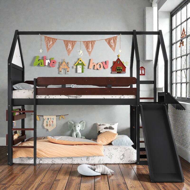 Twin Loft Bed with Slide and Bookshelf, Kids House Bed with Stairs, Safety Rails, Playful Design - Black - Twin