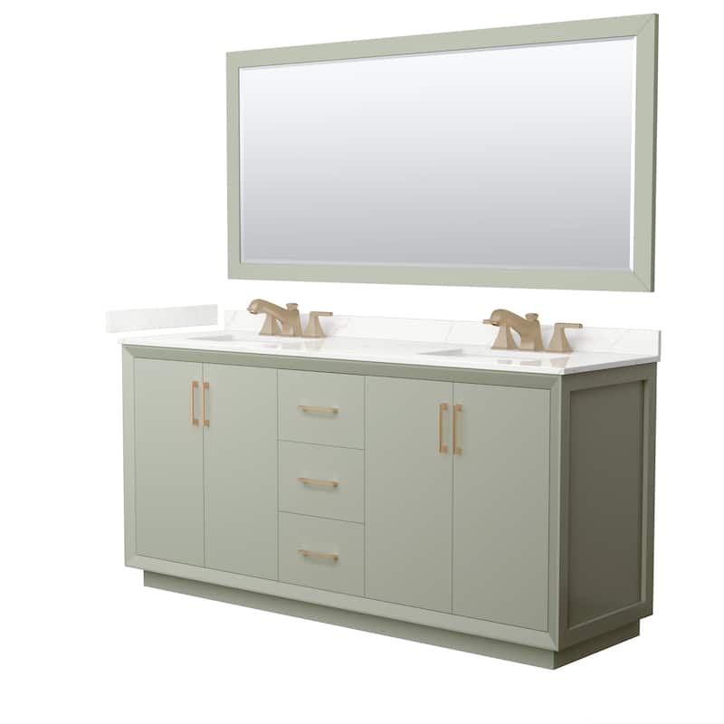 Strada 72-inch Double Vanity, Quartz Top, 70-inch Mirror - Light Green, Bronze Trim, Giotto Quartz Top