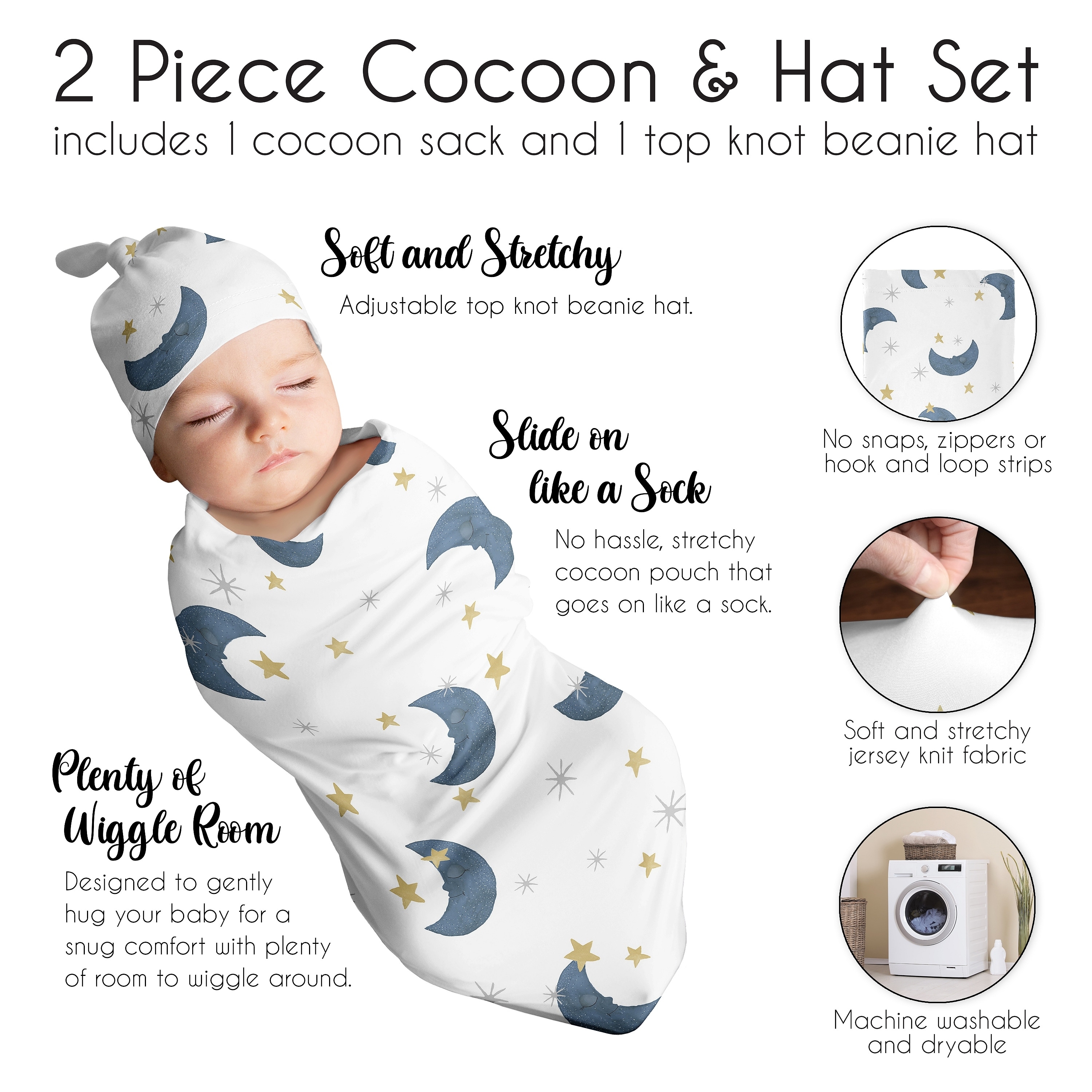 Sweet Jojo Designs Moon Star Baby Boy Girl Cocoon And Beanie Hat Set Jersey Stretch Knit Sleeping Bag Infant Newborn Nursery Sleep Wrap Sack Navy