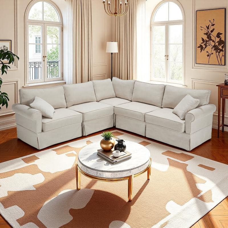 94" Linen L-Shaped 5-Seater Sectional Sofa with Reversible Design and Rolled Arms - Beige