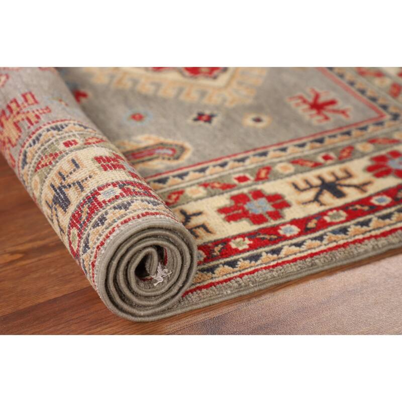 Gray Geometric Kazak Accent Rug Hand-Knotted Wool Carpet - 2'8" x 4'1"
