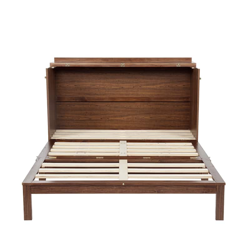 Queen Size Murphy Bed with Drawer Pine Wood Cabinet Bed with Power Station and Rattan Decoration Panel