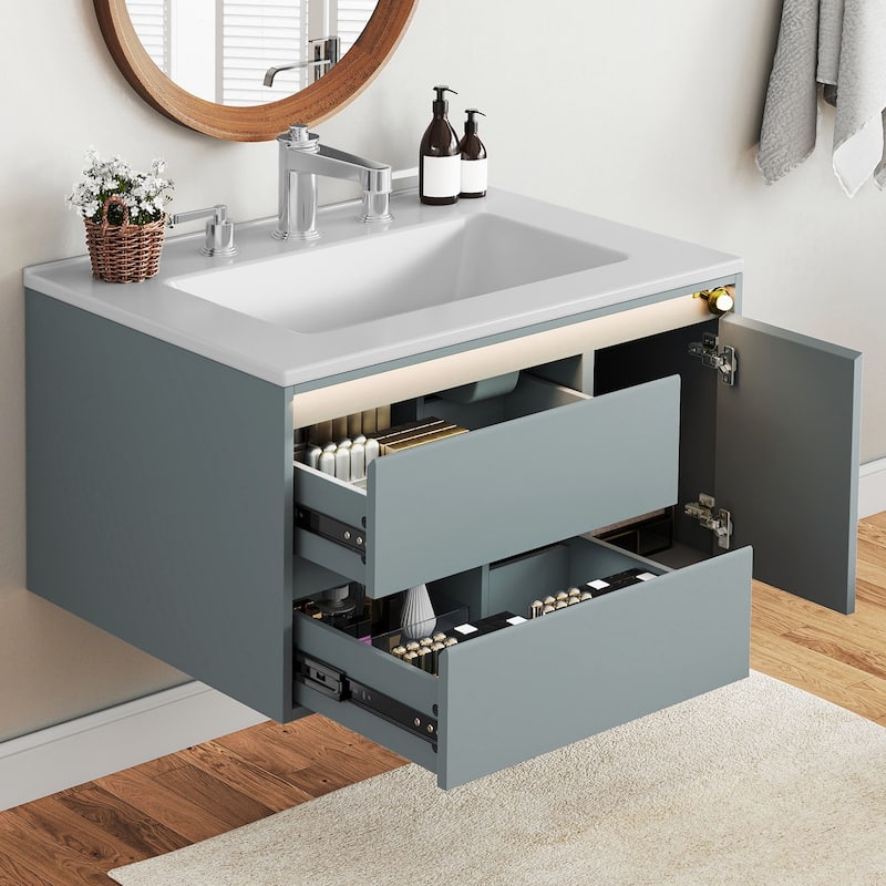 Moasis 31 Inch Gray Bathroom Vanity with Motion Sensor Light and Ample Storage
