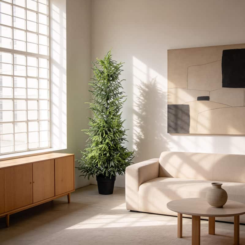 5" Artificial Real Touch Pine Tree with Black Plastic Pot, 1pc/set