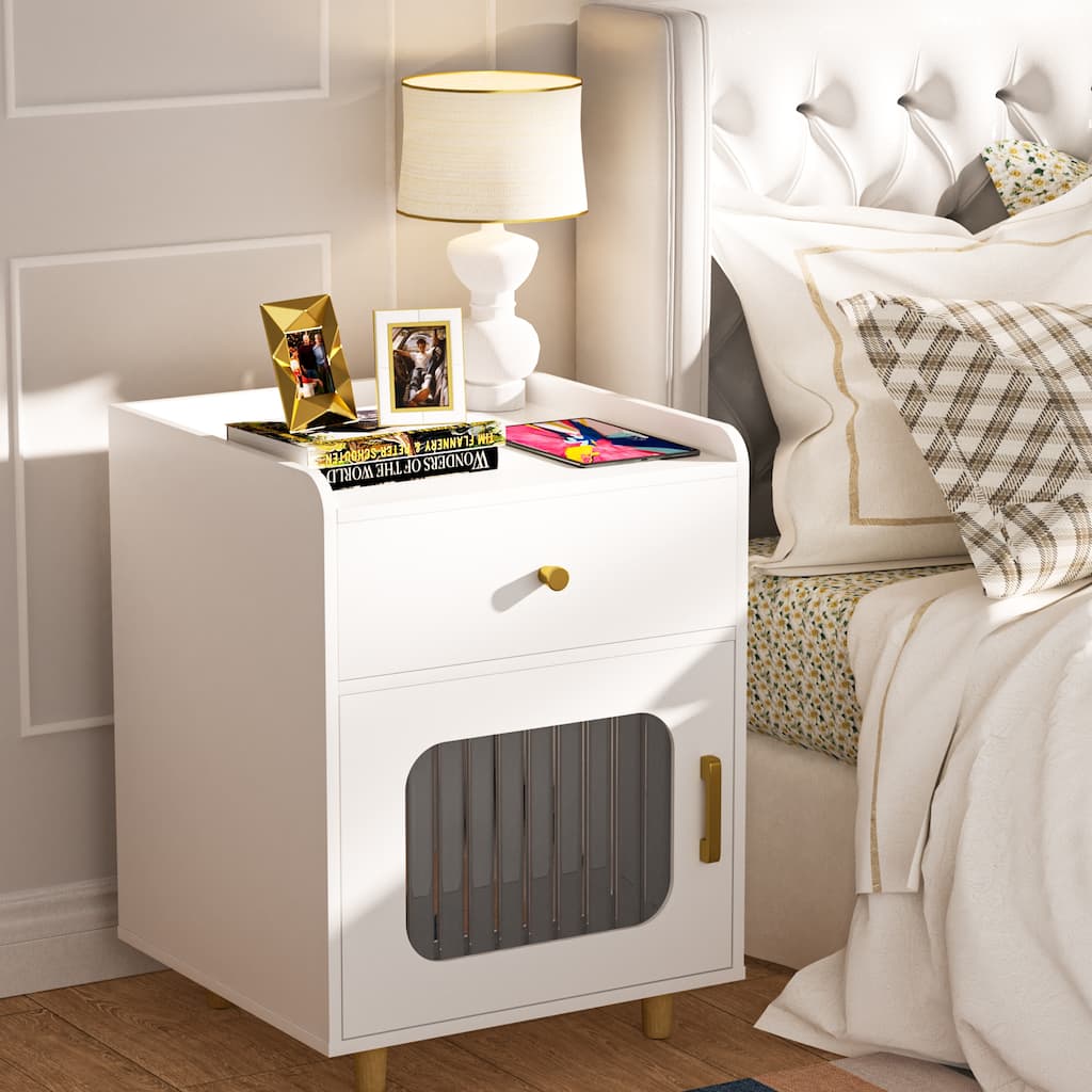 Modern Wooden Nightstand End Table with Drawer and Glass Door for Bedroom