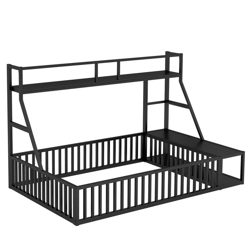 Roomfitters Full Size Metal Floor Bed with Fence, Loft Desk and Storage Shelves, Space-Saving Playhouse, Black