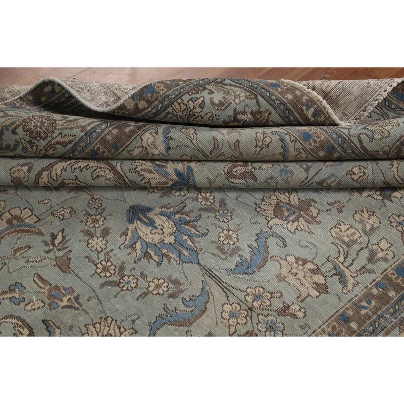 Blue Tabriz Persian Rug Hand-Knotted Distressed Floral Wool Carpet - 7'4"x 10'8"