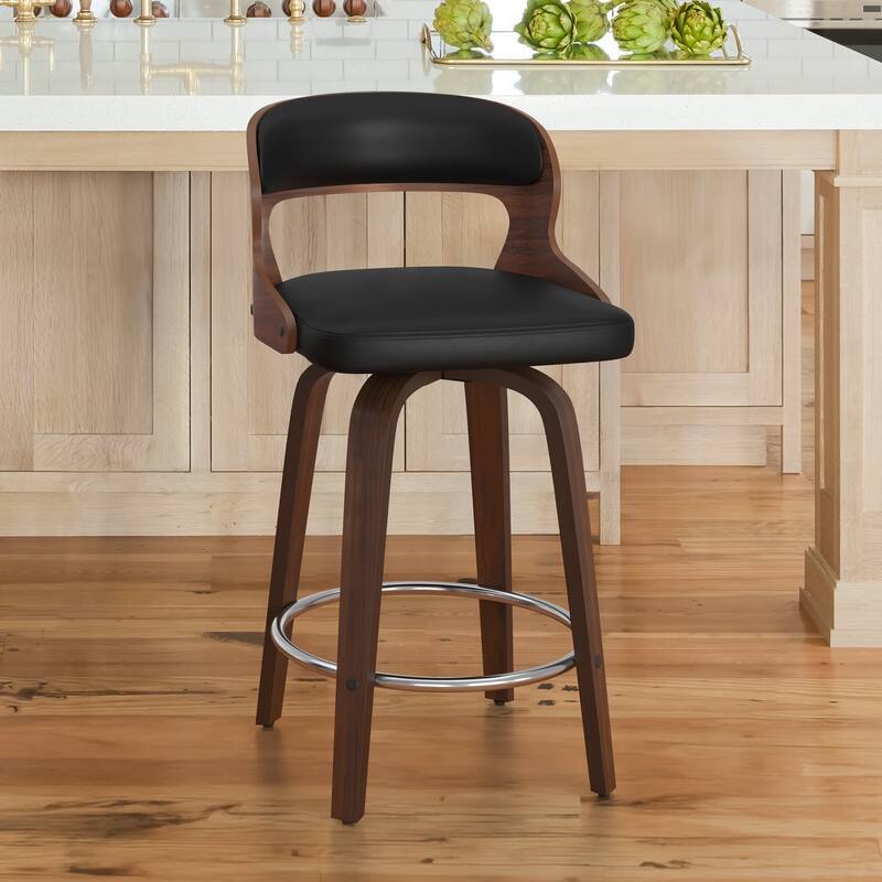 PU Leather 26in. Swivel Barstool Counter Height Low Back Solid Wood Stool for Kitchen Islands with Curved Backrest - Single - Black