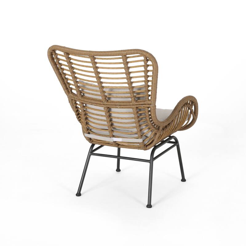 Margo Outdoor Accent Chair, Brown Woven Rattan, Beige, Black Metal