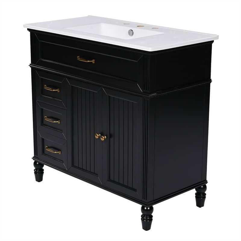 36" Bathroom Vanity with Ceramic Sink Top, Freestanding Bathroom Vanity Cabinet with 2 Doors and 2 Storage Drawers