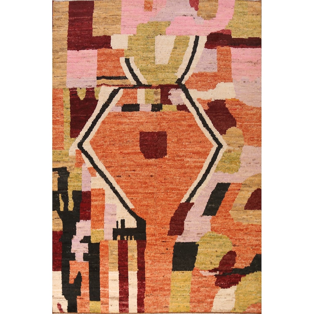 Geometric Moroccan Oriental Area Rug Orange Hand-Knotted Wool Carpet - 7'1" x 9'8"