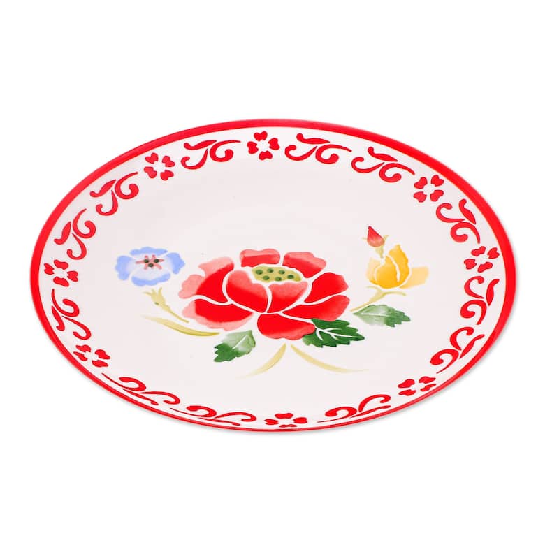 Novica Handmade Poppy Garden In Red Ceramic Dinner Plate