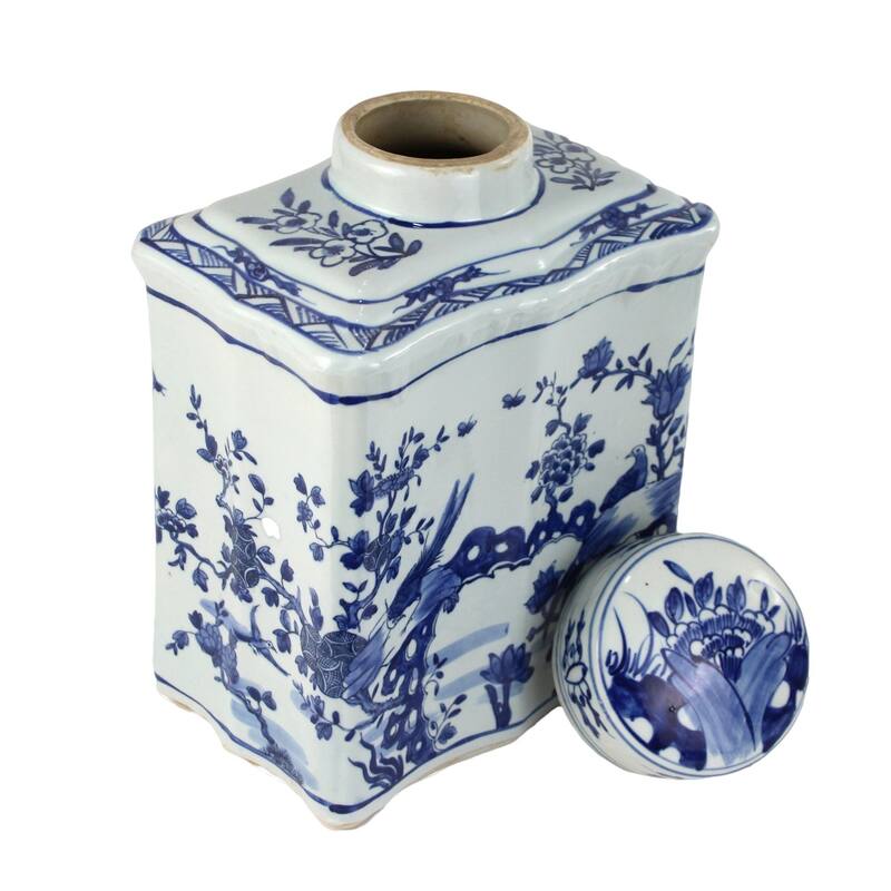 Blue And White Curved Tea Jar Bird Floral Design