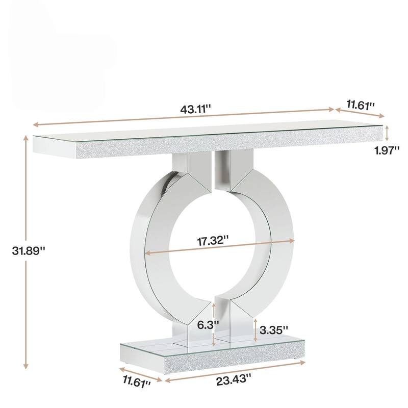 43"Modern Mirrored Console Table with O-Shaped Base, Silver Glass Entryway Table-Accent Sofa Table with Acrylic Diamond Veneer