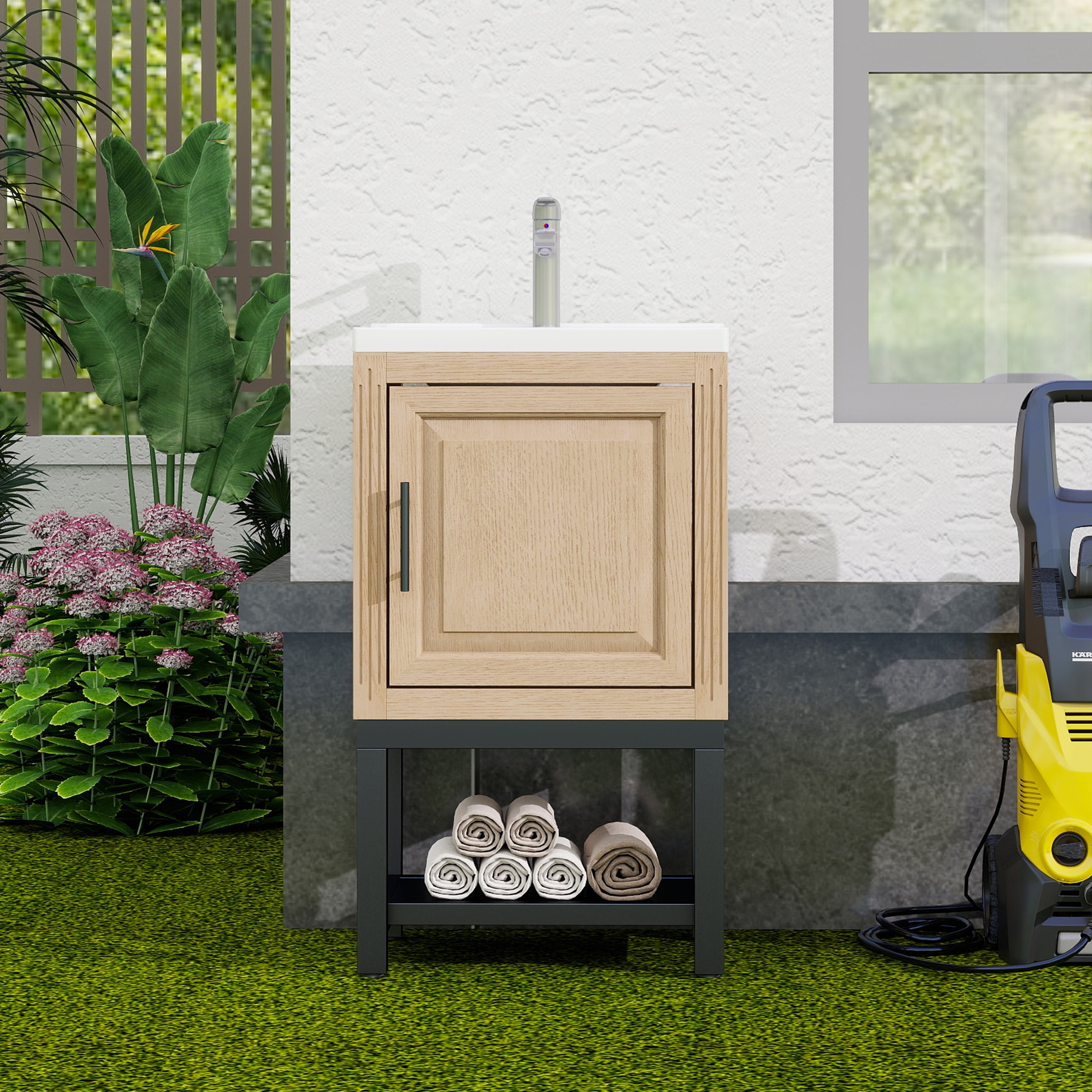 GDFStudio - CompactLine Modern Freestanding Bathroom Vanity with Ceramic Sink and Open Metal Shelf - 20 Inch