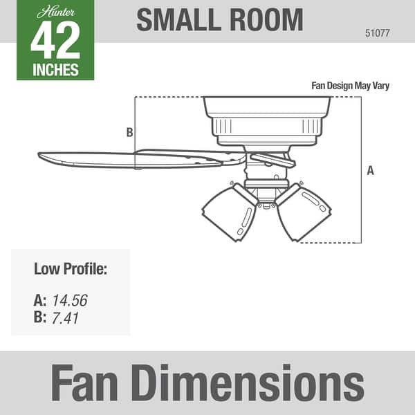 dimension image slide 2 of 4, Hunter 42" Newsome Flush Mount Ceiling Fan w/ 3-Light LED Light Kit and Pull Chain - Transitional, Casual - Low Profile!